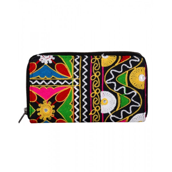 Rajrang Black Cotton Casual Floral Embroidered Clutch Bag